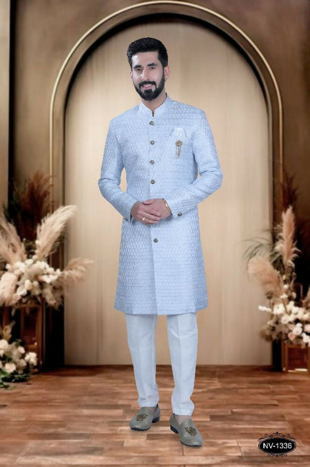 Joban Fashion Men's Blue & White Cotton Silk Kurta with Pyjama