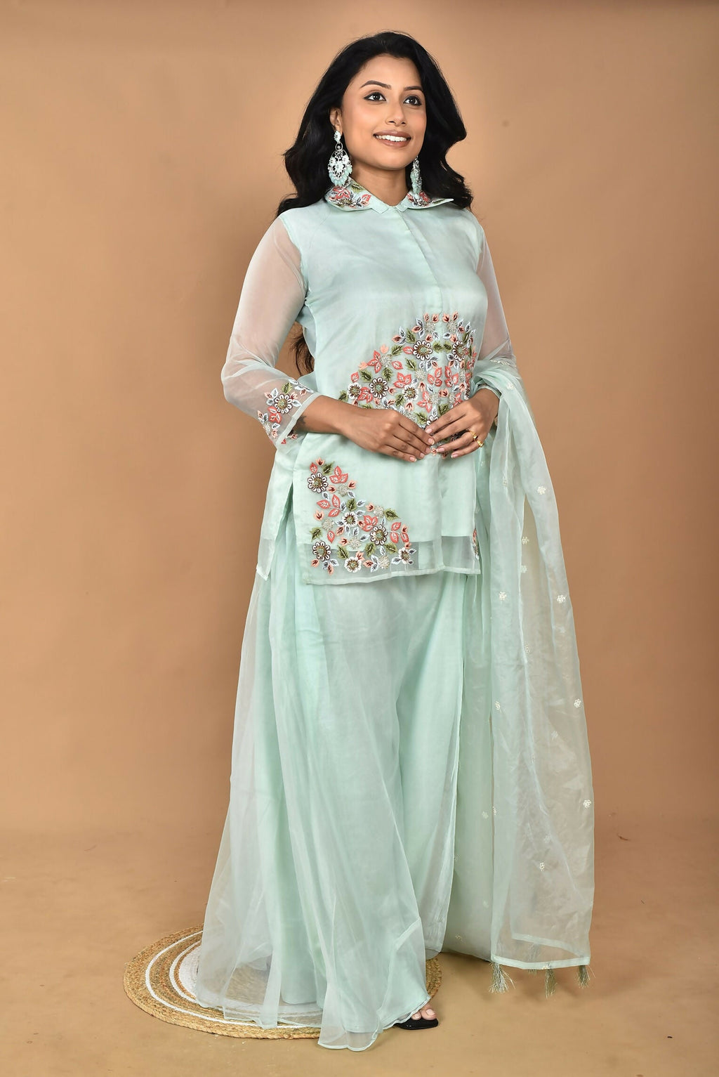 Morchari Women And Hand Embroidery Palazzo Set-Sea Green