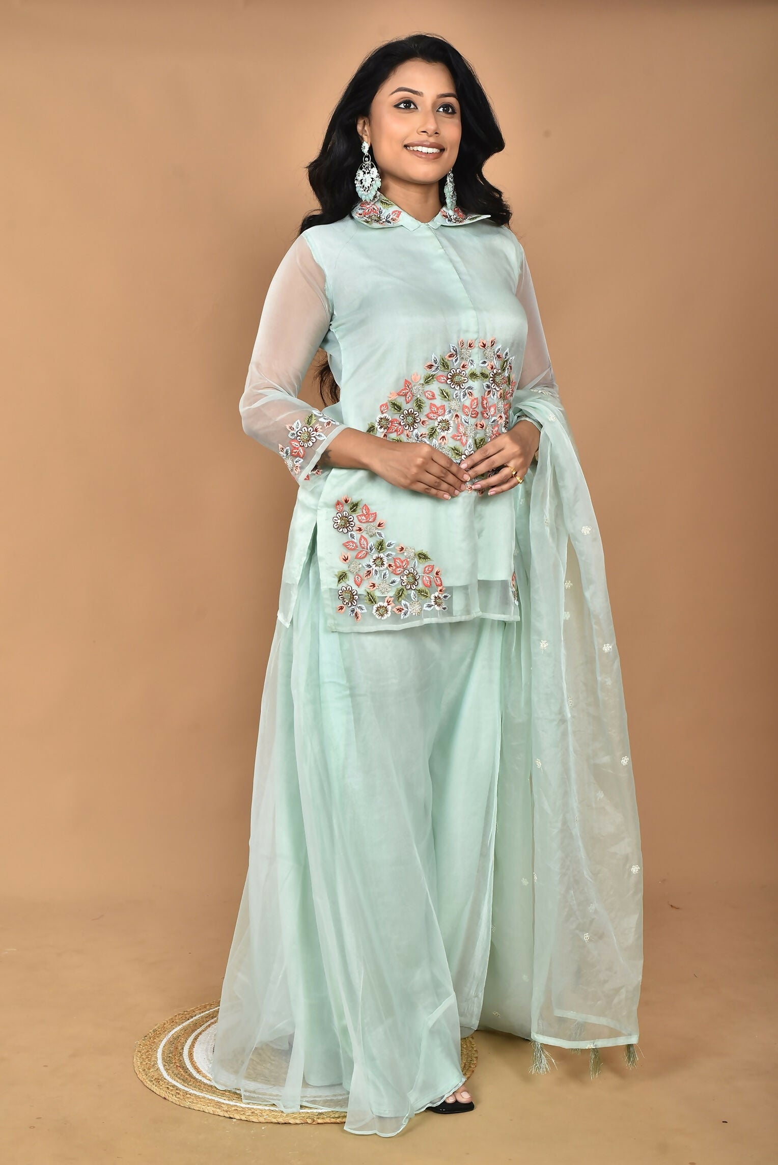 Morchari Women And Hand Embroidery Palazzo Set-Sea Green