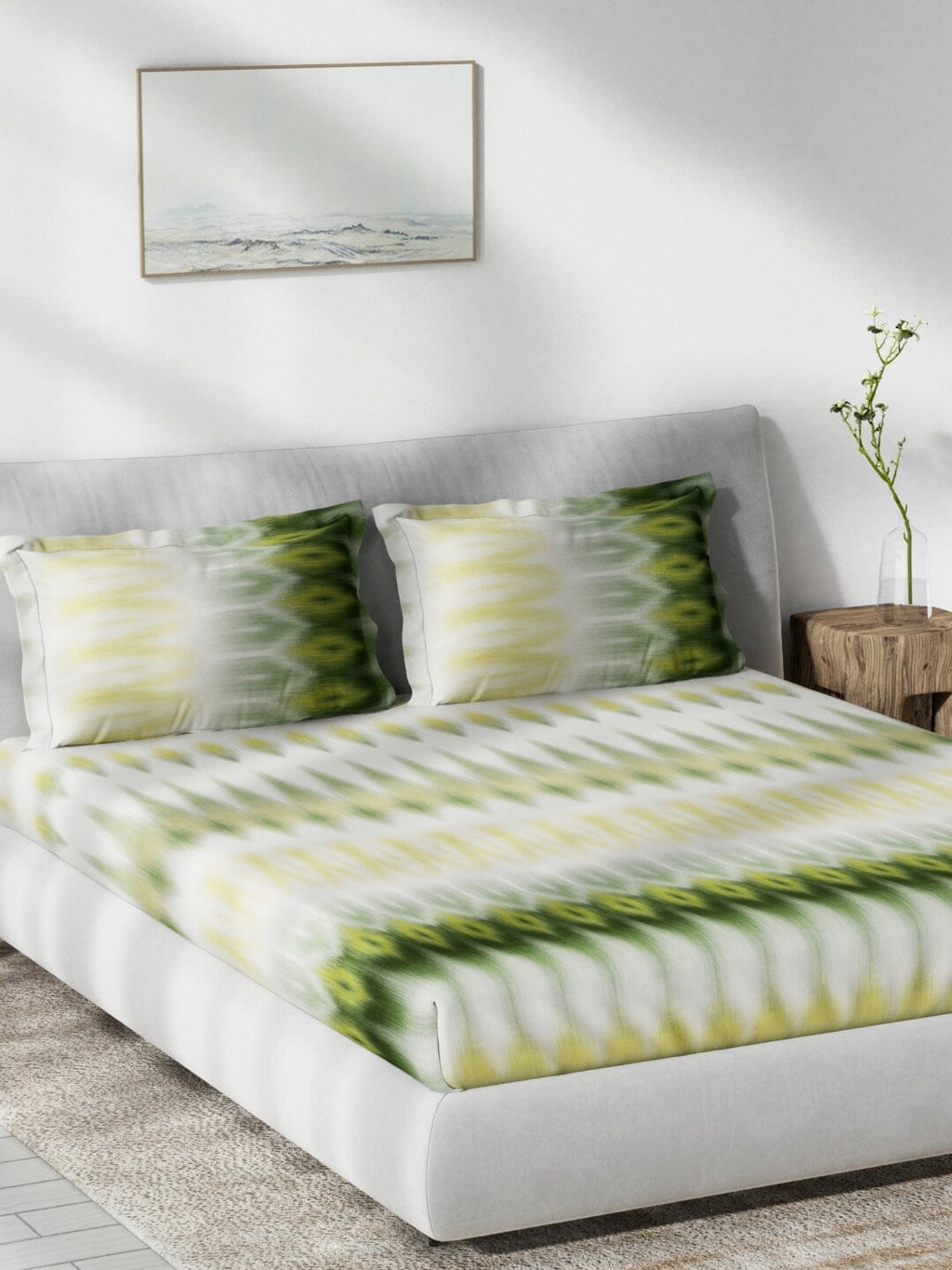 DDecor Green & White Ethnic Motifs 140 TC Cotton Queen Bedsheet with 2 Pillow Covers