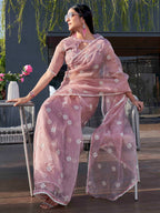 Tikhi Imli Pink Floral Embroidered Mirror Work Organza Saree - Distacart
