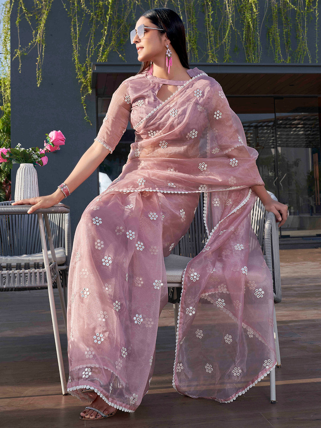 Tikhi Imli Pink Floral Embroidered Mirror Work Organza Saree - Distacart