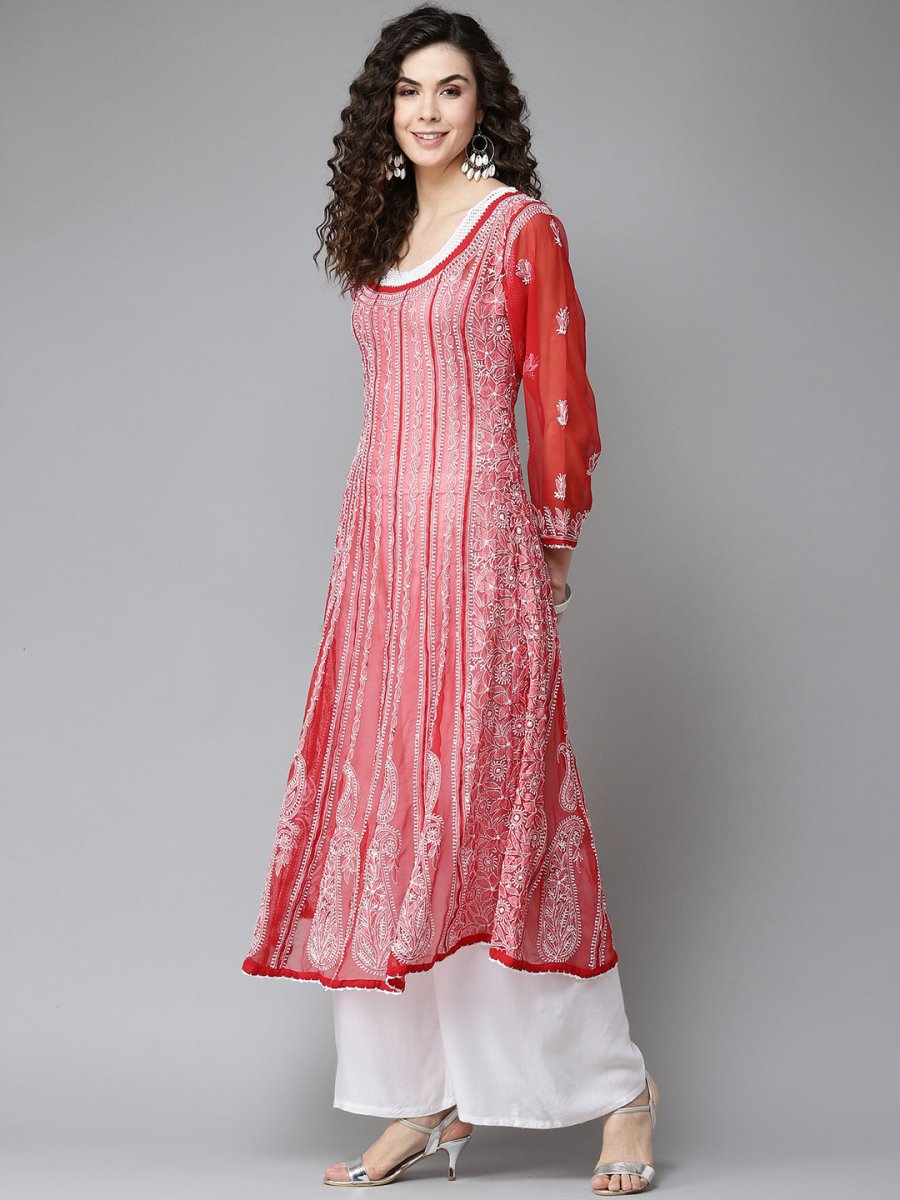 ADA Women Red & White Ethnic Motifs Embroidered Chikankari Georgette Kurta