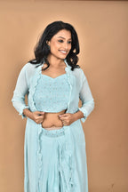Morchari Women Hand Embroidery Crop Top-Sky
