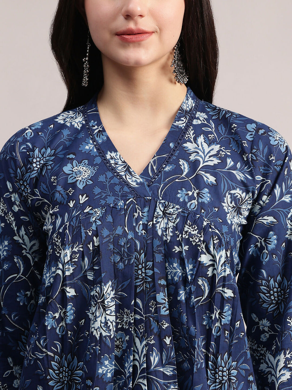 Aavyora Women's Navy Blue Floral Printed Cotton A-Line Kurta with Pintuck Detailing
