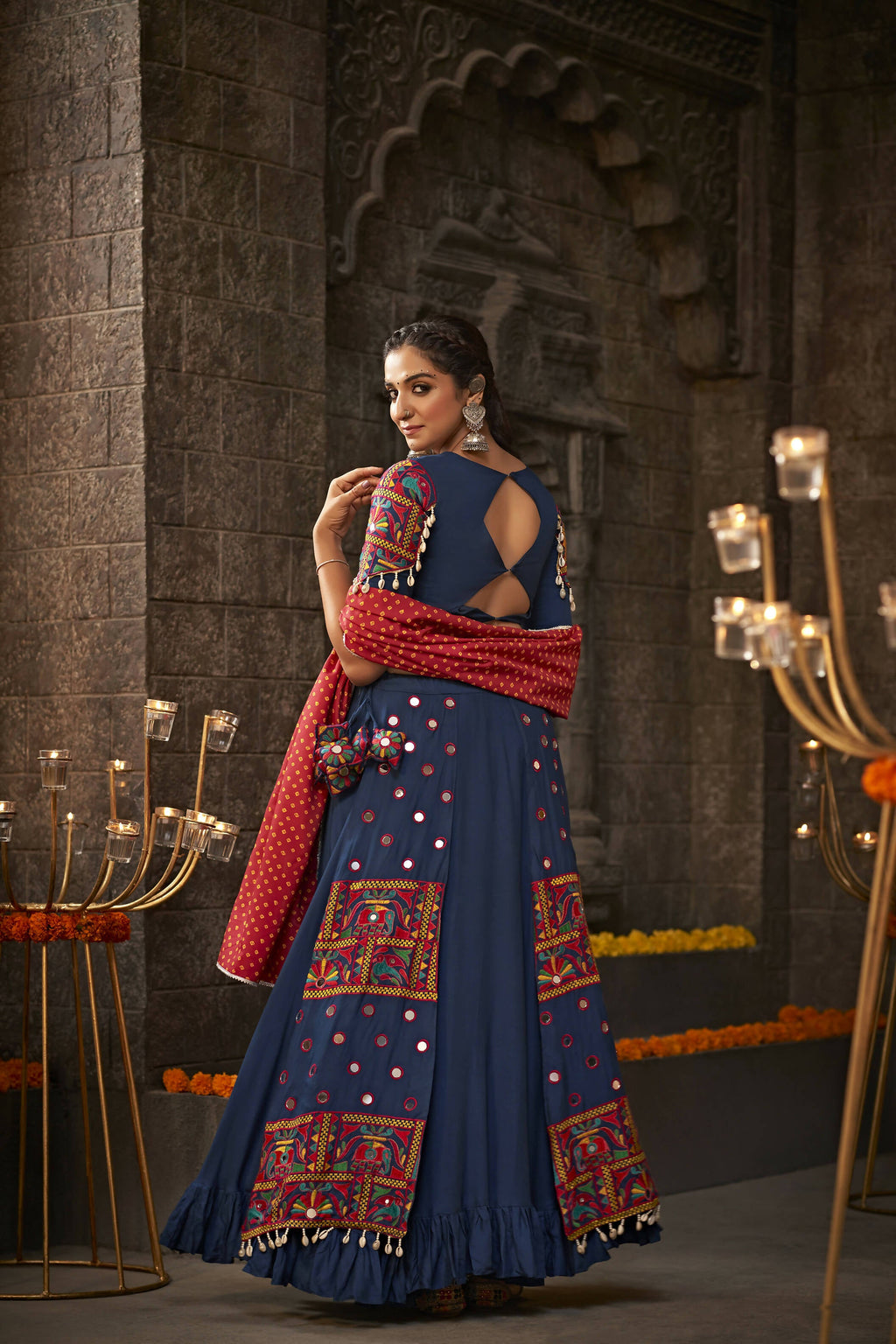 Blue Viscose Rayon Thread Embroidered Navratri Lehenga Choli with Dupatta - Raas