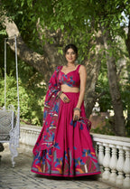 Vastranavya Polyester Viscose Chanderi Lehenga Choli With Intricate Print And Dupatta - Pink