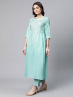 Ahalyaa Women Sea Green Colour Pure Cotton Gold Foil Print Kurta Pant Set - Distacart