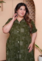 Miravan Womens Plus Size Pure Cotton Floral Printed Green Button Down A-Line Midi Dress - Distacart