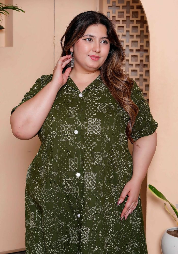 Miravan Womens Plus Size Pure Cotton Floral Printed Green Button Down A-Line Midi Dress - Distacart