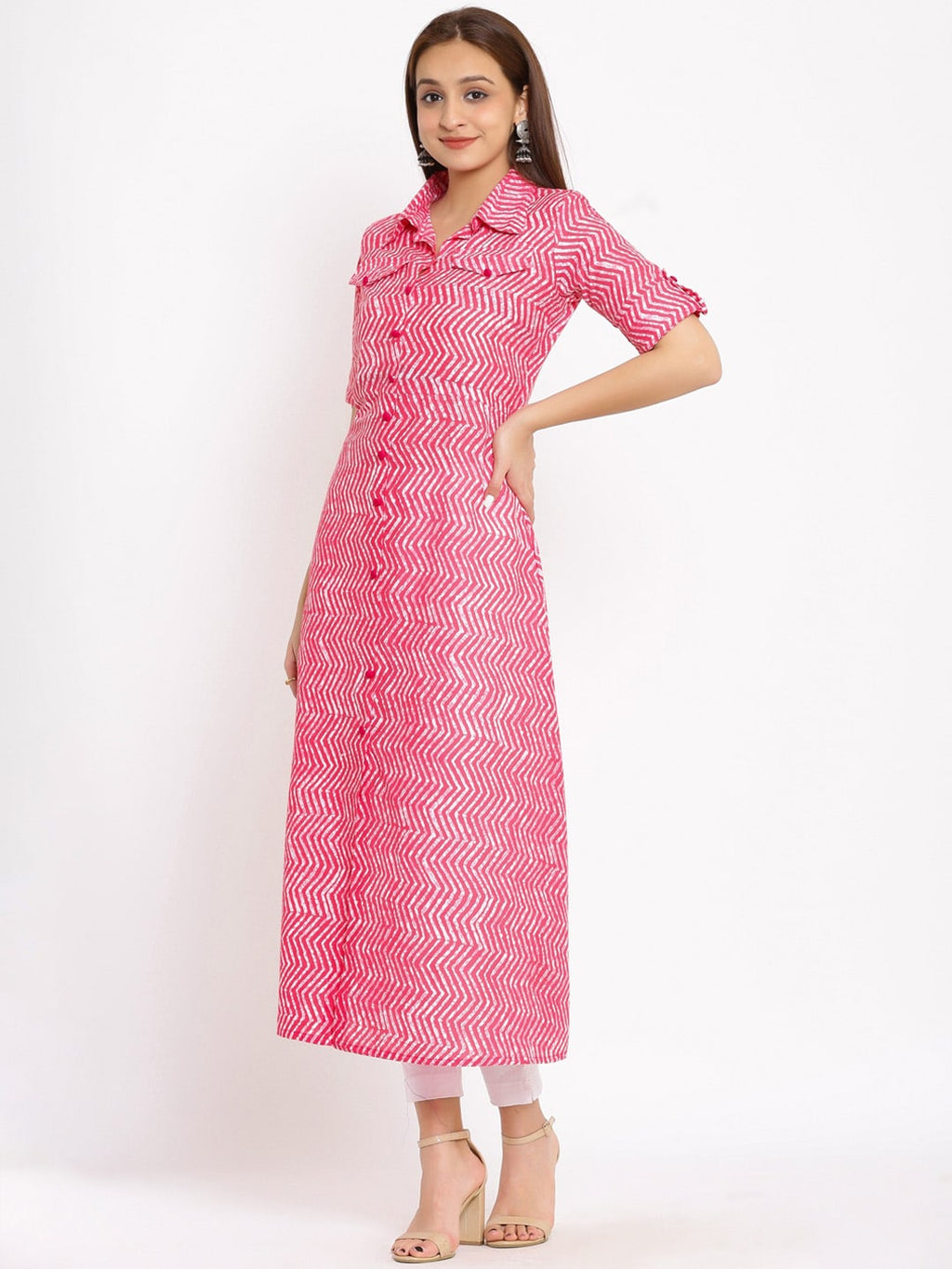 HERE&NOW Pink Shirt Collar Chevron Printed Roll Up Sleeves A-Line Kurta
