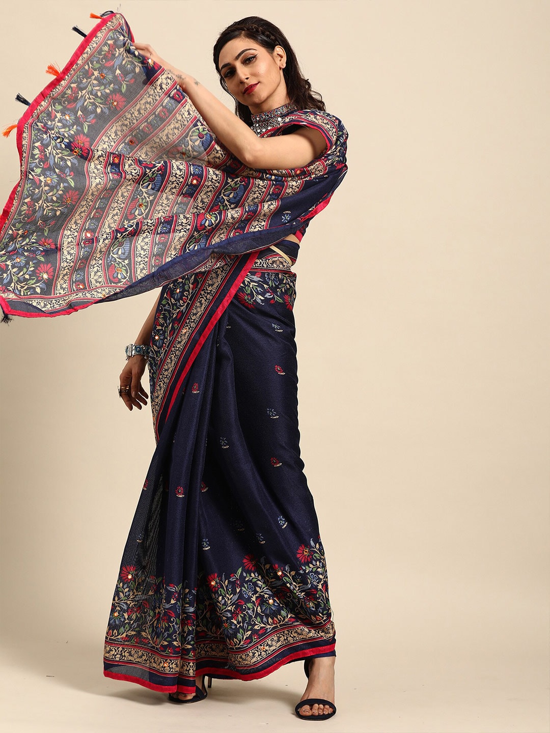 Saree Mall Navy Blue & Red Floral Jute Silk Block Print Sarees