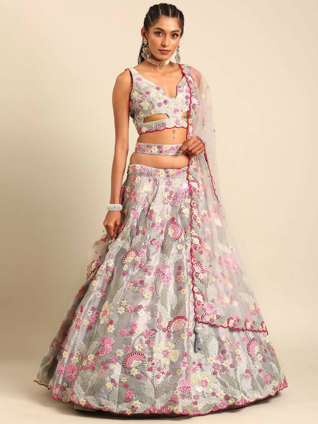 House of Panchhi Grey Organza Sequins and Zarkan embroidery Lehenga choli & Dupatta
