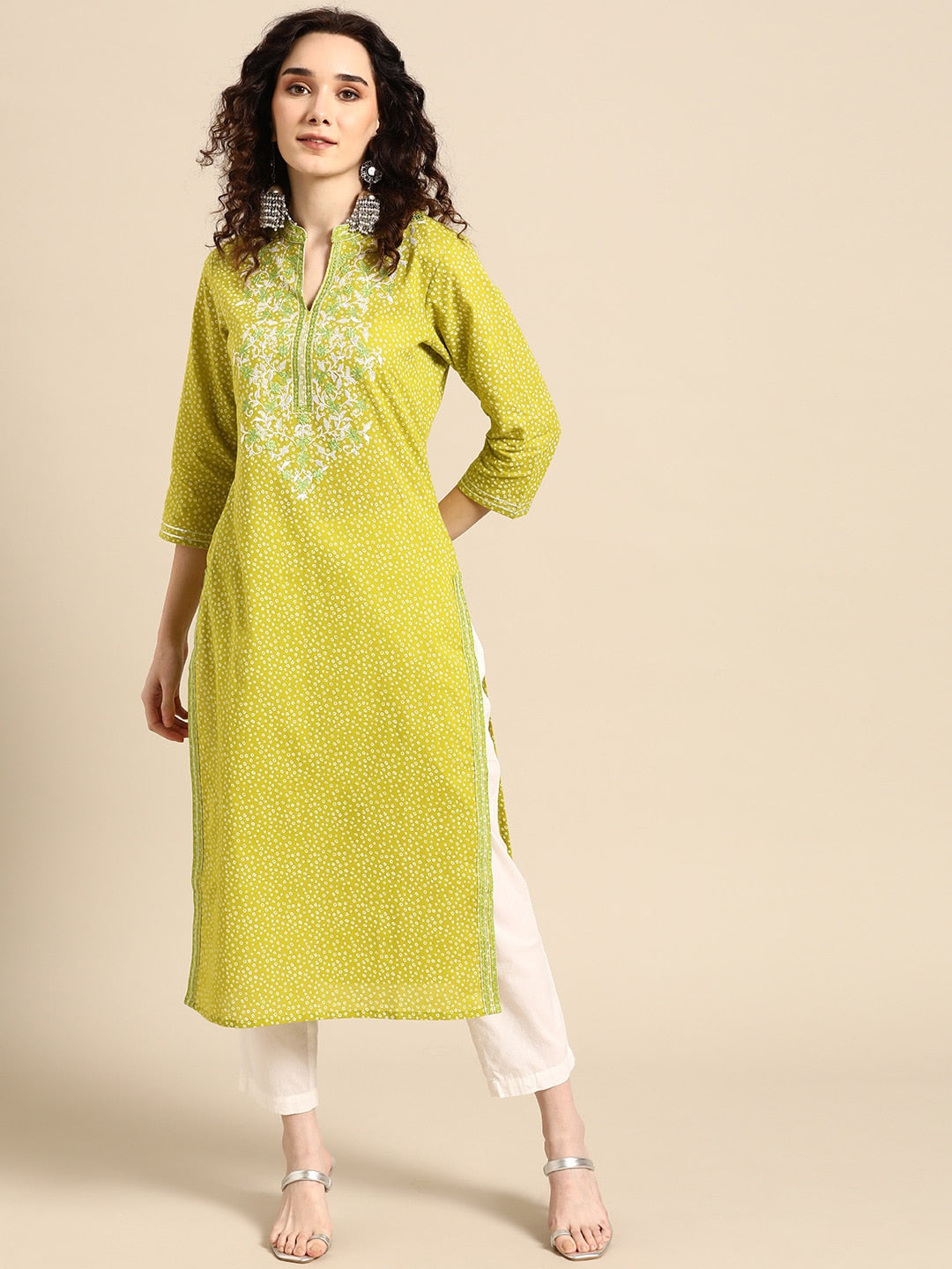 Sangria Women Lime Green Floral Embroidered Thread Work Pastels Kurta