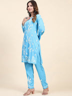 HOUSE OF KARI Floral Embroidered Chikankari Pure Cotton Straight Kurta With Trousers