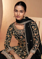 Black Real Chinnon Embroidered Wedding Festive Palazzo Suit - Emponline
