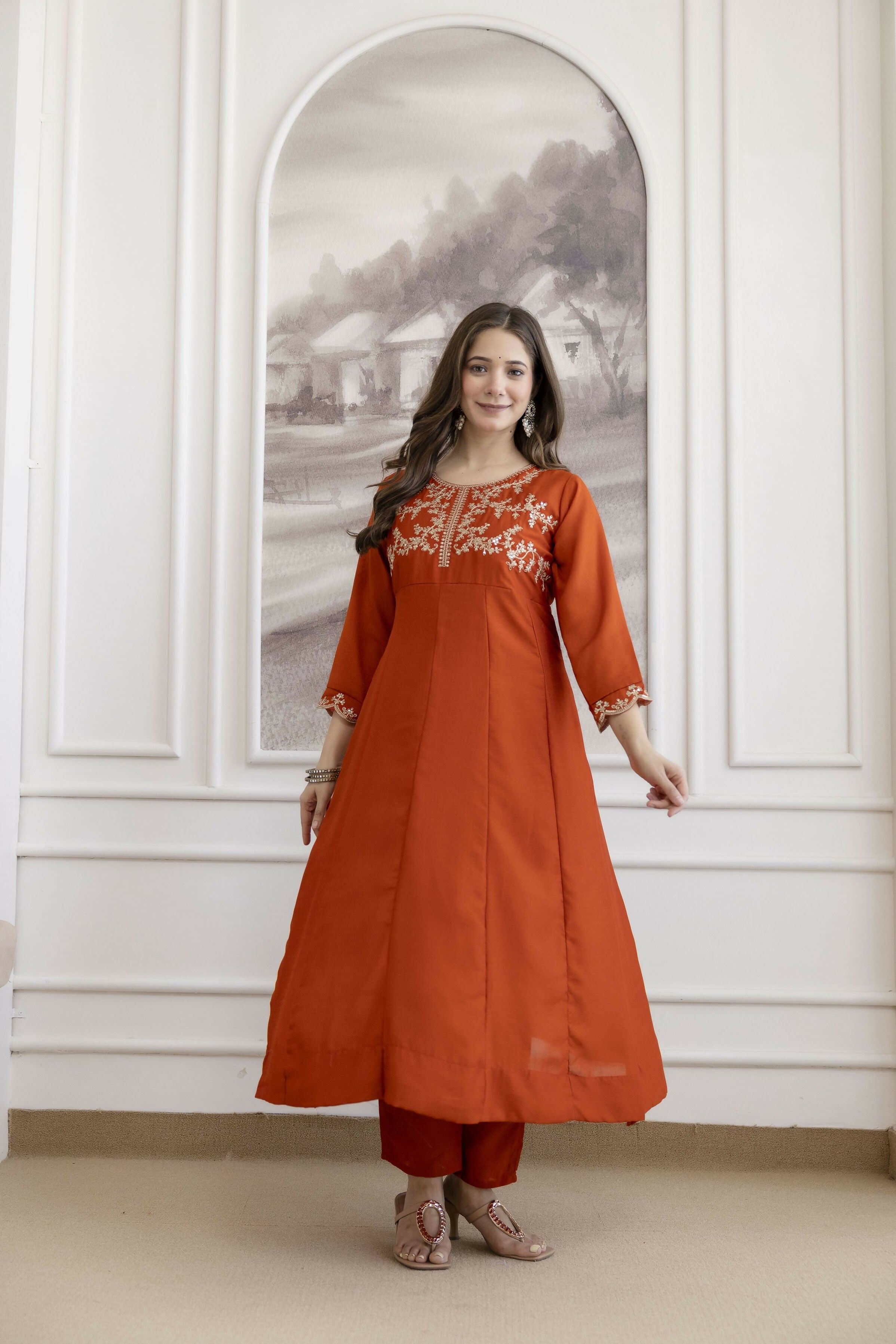 The52 Orange Women's Beautiful Vichitra Silk Fabric Embroidered Work Flared Anarkali Pant and Dupatta Set - Distacart