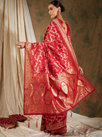 Sangria Red & Gold-Toned Floral Woven Design Zari Banarasi Saree - Distacart