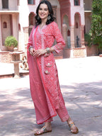 Sangria Pink Bandhani Printed Pure Cotton Angrakha Kurta With Trousers & Dupatta