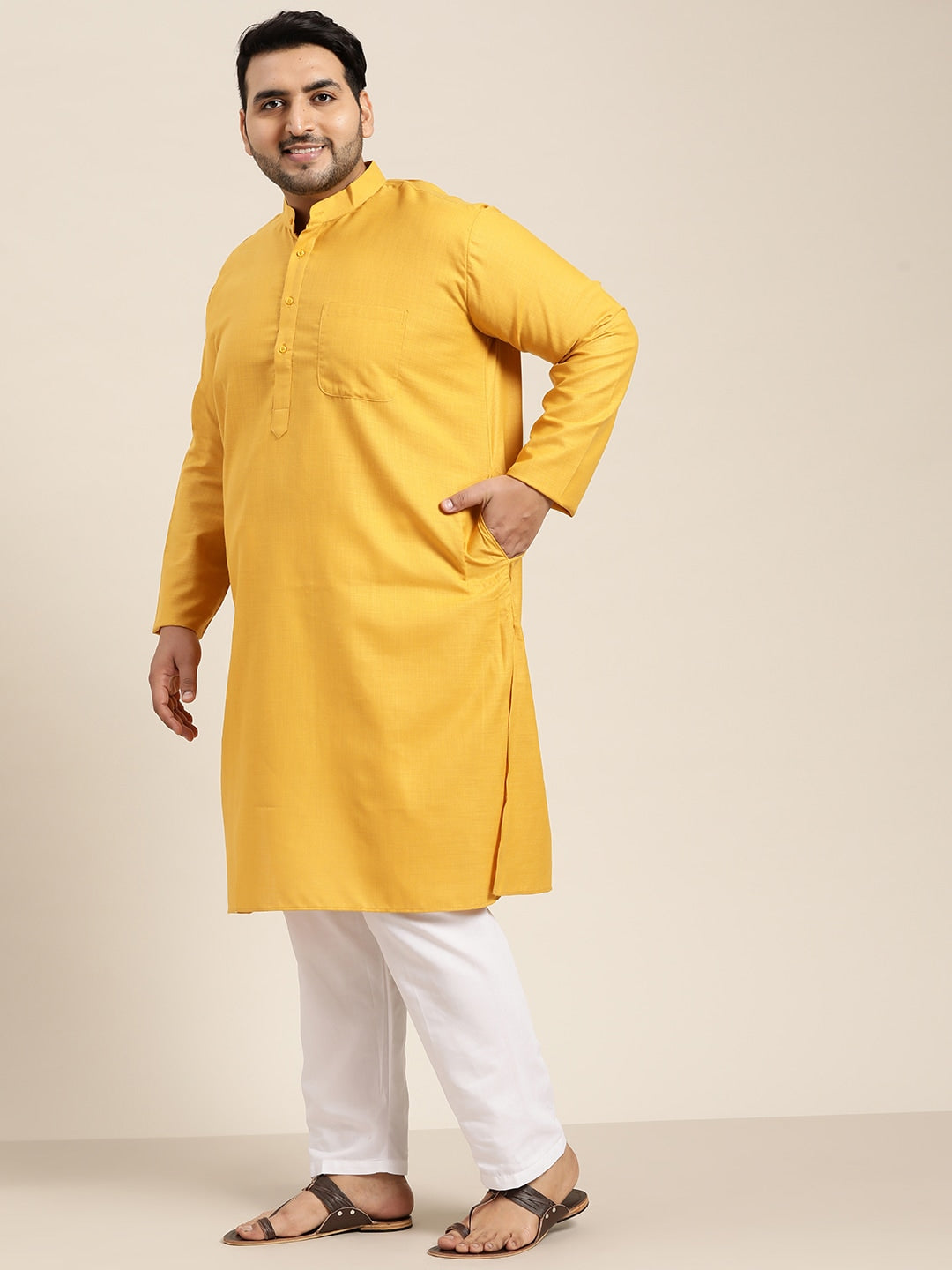 Sojanya Plus Size Men Mustard Yellow Pure Cotton Kurta