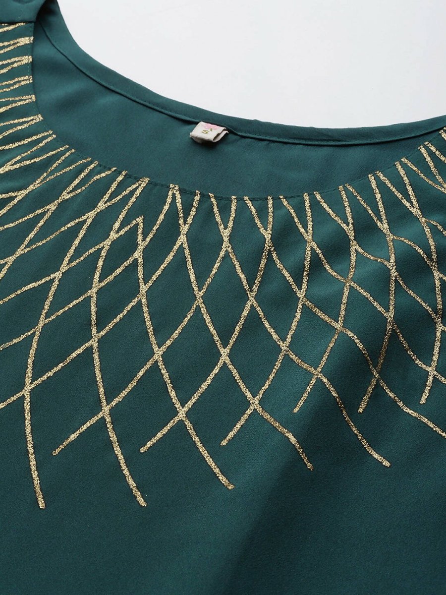 Ahalyaa Green Yoke Geometric Printed High Slit Sequinned Kurti with Sharara - Distacart