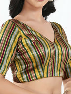 Joban Fashion Green Multi Brocade Padded Blouse With V Neck Elbow Sleeves - Distacart