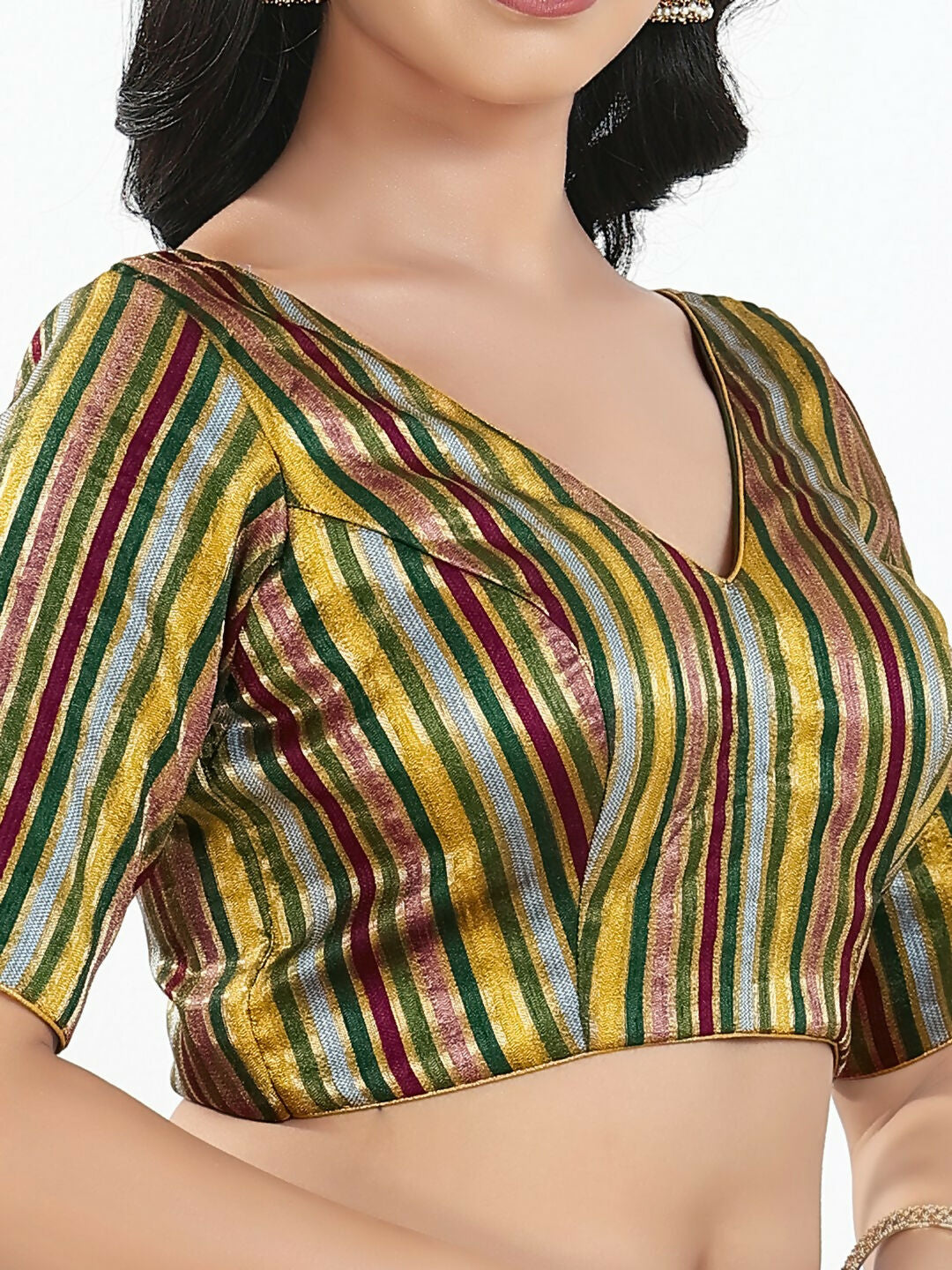 Joban Fashion Green Multi Brocade Padded Blouse With V Neck Elbow Sleeves - Distacart