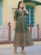 Juniper Women Olive Chanderi Printed Maxi Dress with Embroidered Yoke - Distacart