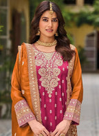 Vegaa Fashion Pink Chinon Silk Embroidered Designer Palazzo Suit - Distacart