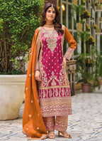 Vegaa Fashion Pink Chinon Silk Embroidered Designer Palazzo Suit - Distacart