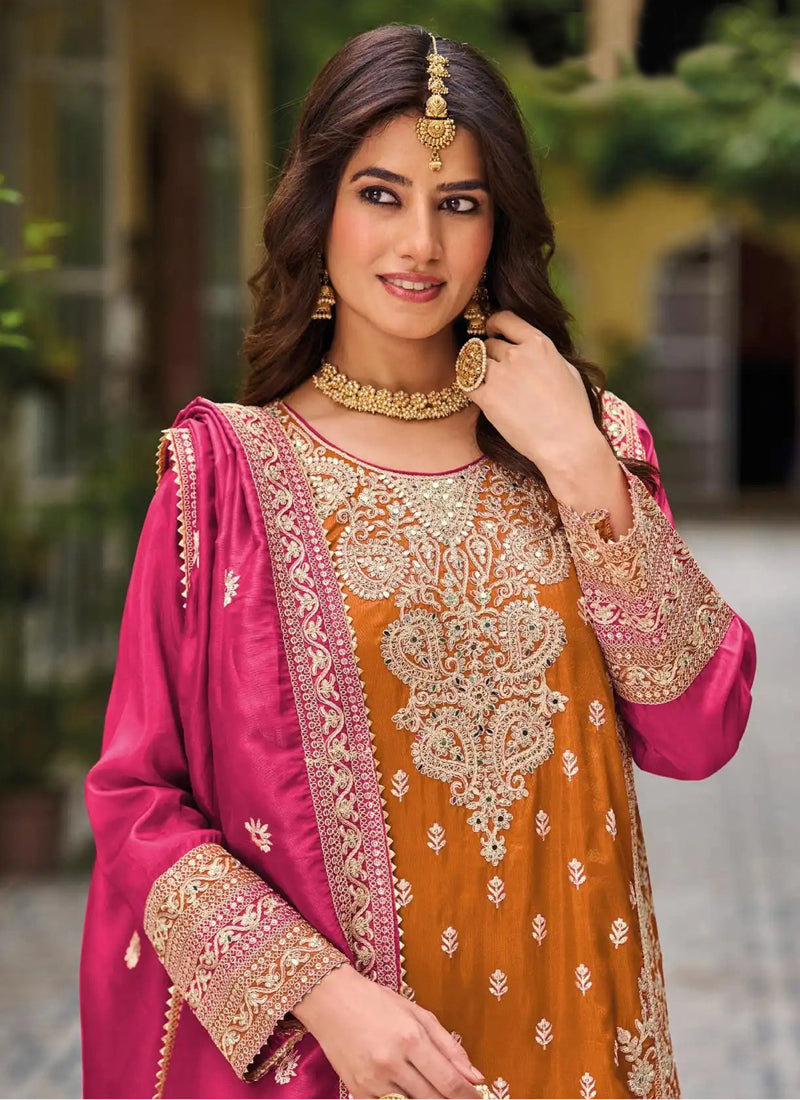 Vegaa Fashion Orange Chinon Silk Embroidered Designer Palazzo Suit - Distacart