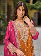 Vegaa Fashion Orange Chinon Silk Embroidered Designer Palazzo Suit - Distacart