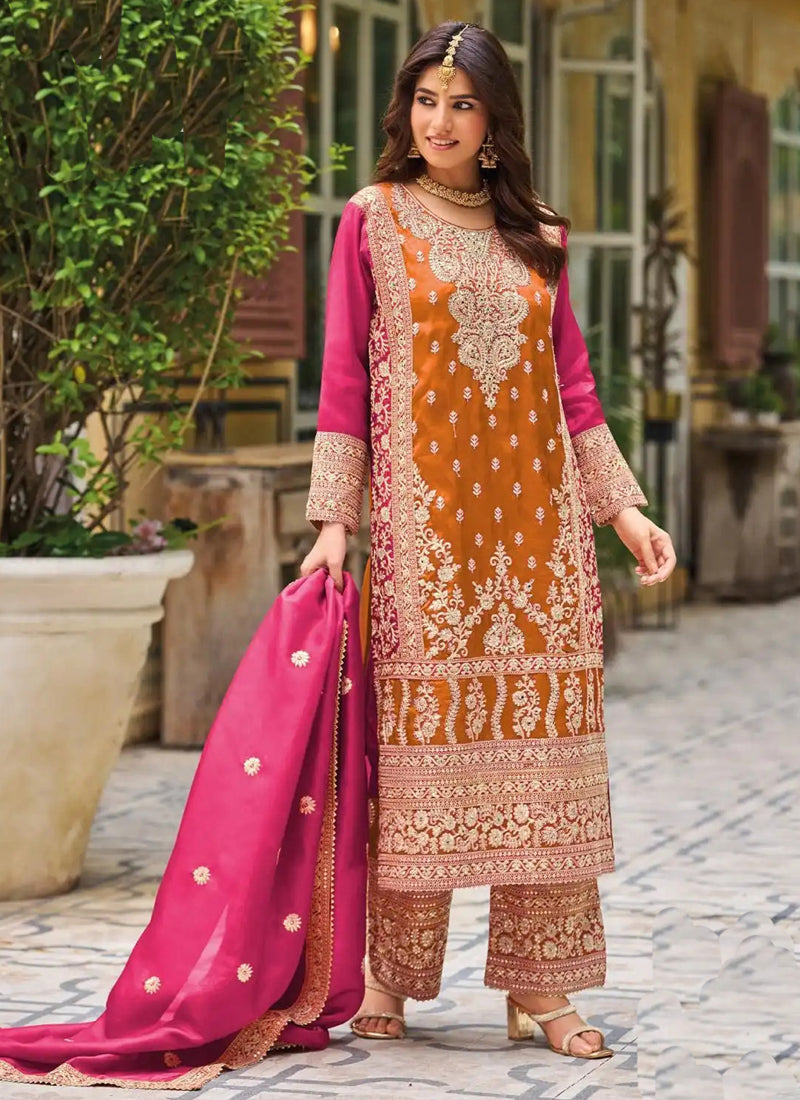 Vegaa Fashion Orange Chinon Silk Embroidered Designer Palazzo Suit - Distacart