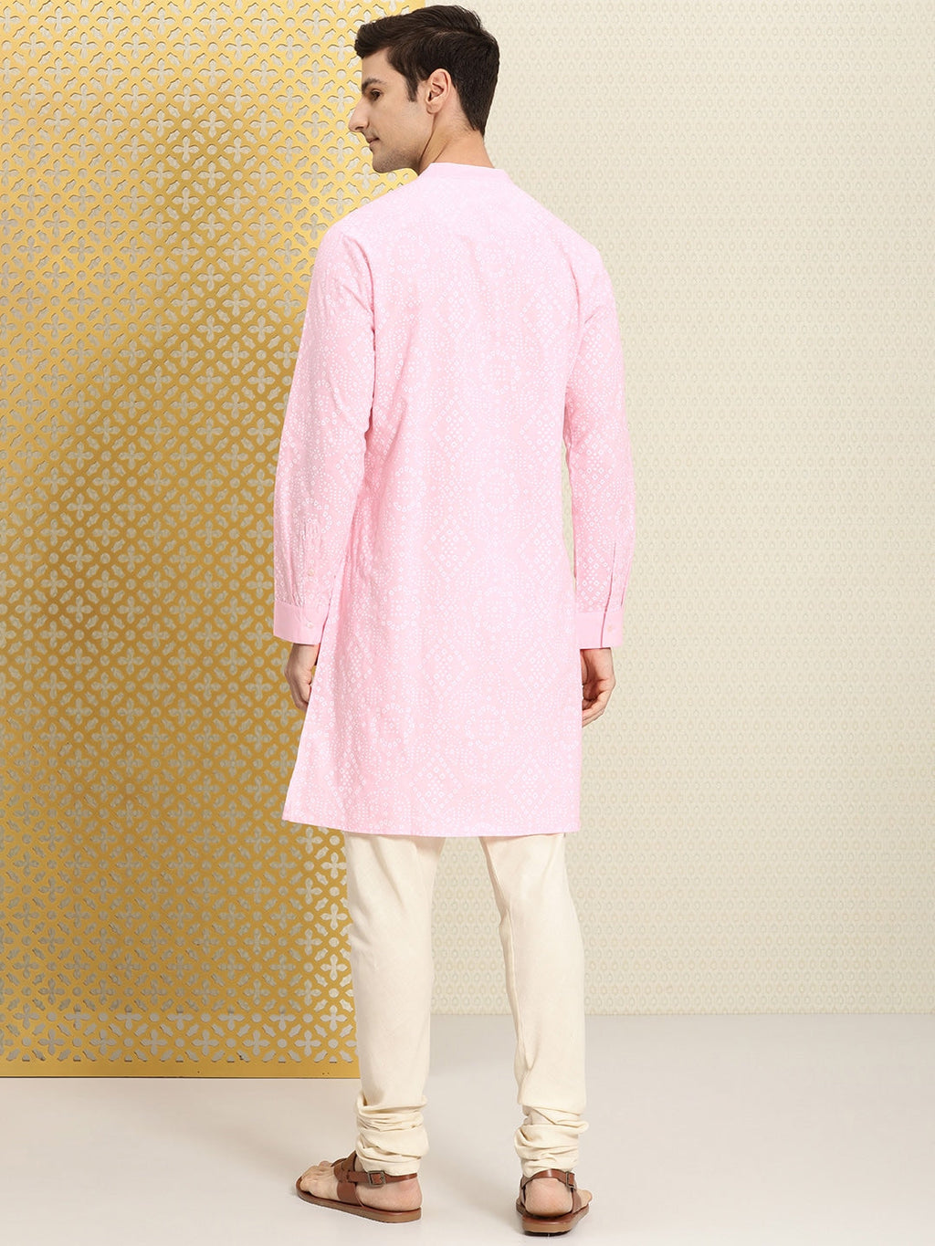 House of Pataudi Men Pink & White Bandhani Printed Pure Cotton Jashn Kurta