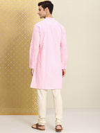 House of Pataudi Men Pink & White Bandhani Printed Pure Cotton Jashn Kurta