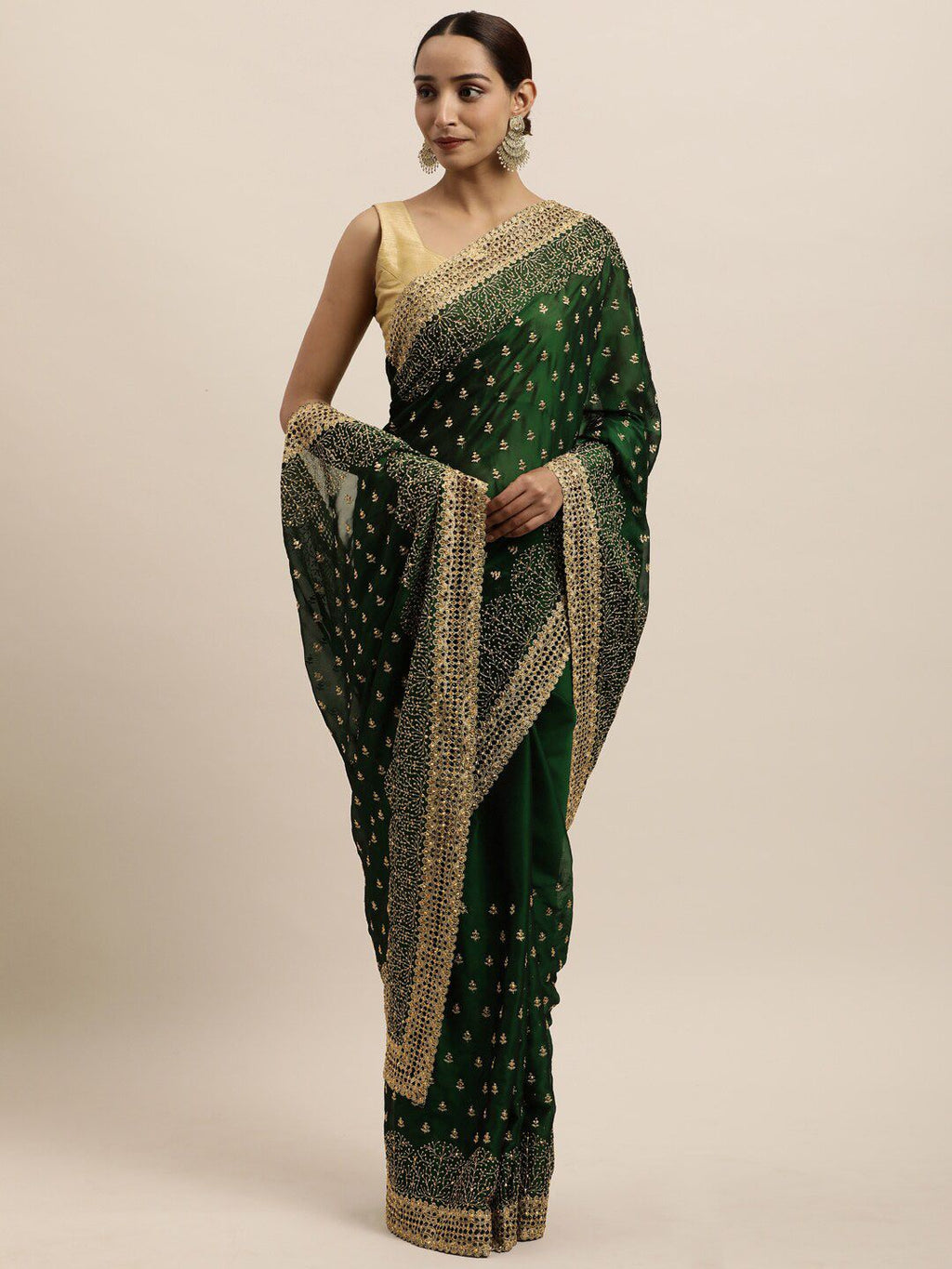 kasee Green & Gold-Toned Floral Embroidered Art Silk Saree