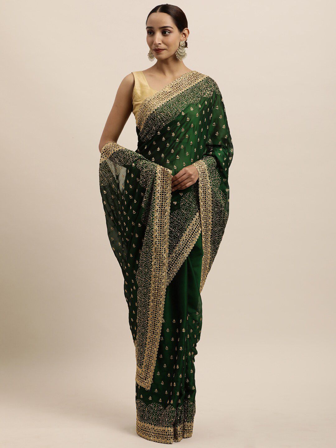 kasee Green & Gold-Toned Floral Embroidered Art Silk Saree