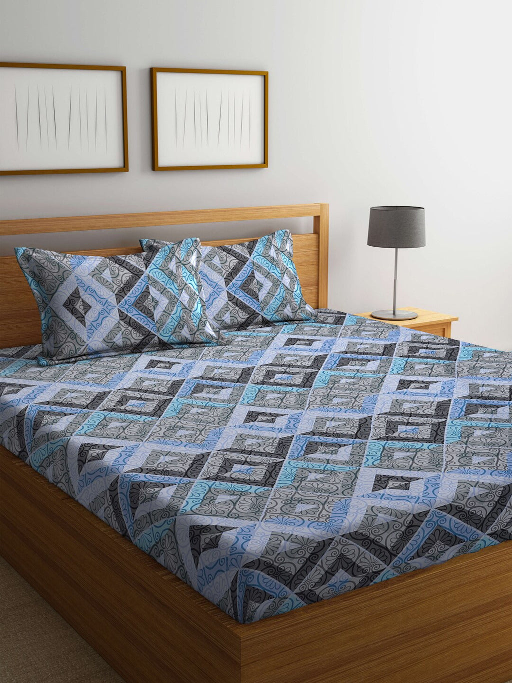 BOMBAY DYEING Epigram Blue & Grey Ethnic Cotton 120 TC Queen Bedsheet With 2 Pillow Covers