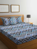 BOMBAY DYEING Epigram Blue & Grey Ethnic Cotton 120 TC Queen Bedsheet With 2 Pillow Covers