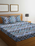 BOMBAY DYEING Epigram Blue & Grey Ethnic Cotton 120 TC Queen Bedsheet With 2 Pillow Covers