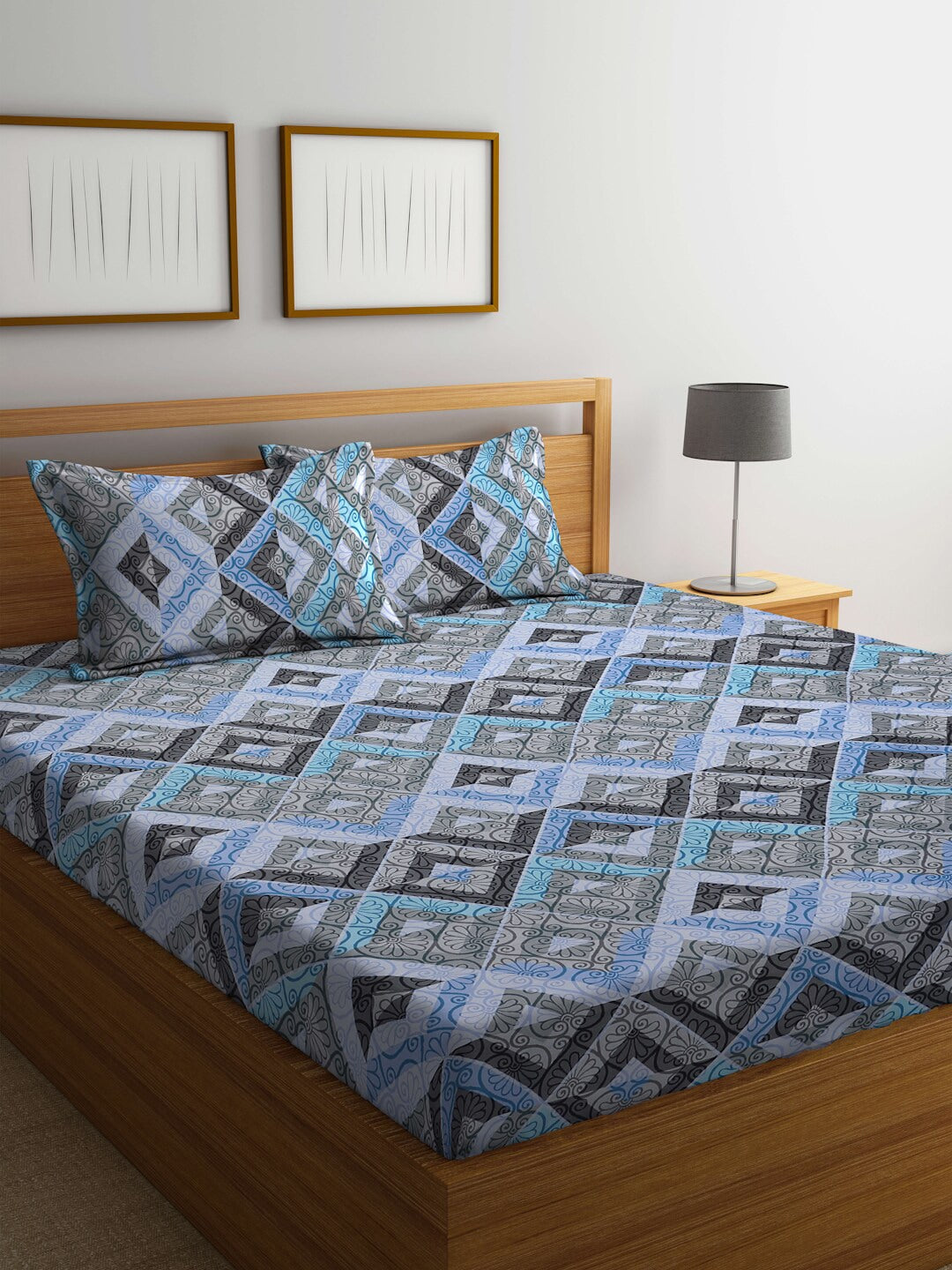BOMBAY DYEING Epigram Blue & Grey Ethnic Cotton 120 TC Queen Bedsheet With 2 Pillow Covers