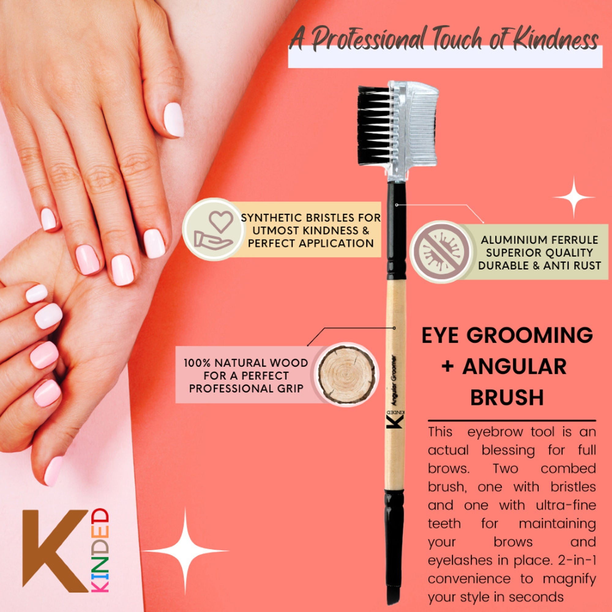 KINDED Professional Natural Wooden Handle 2 in 1 Eye Grooming Angular Makeup Brush