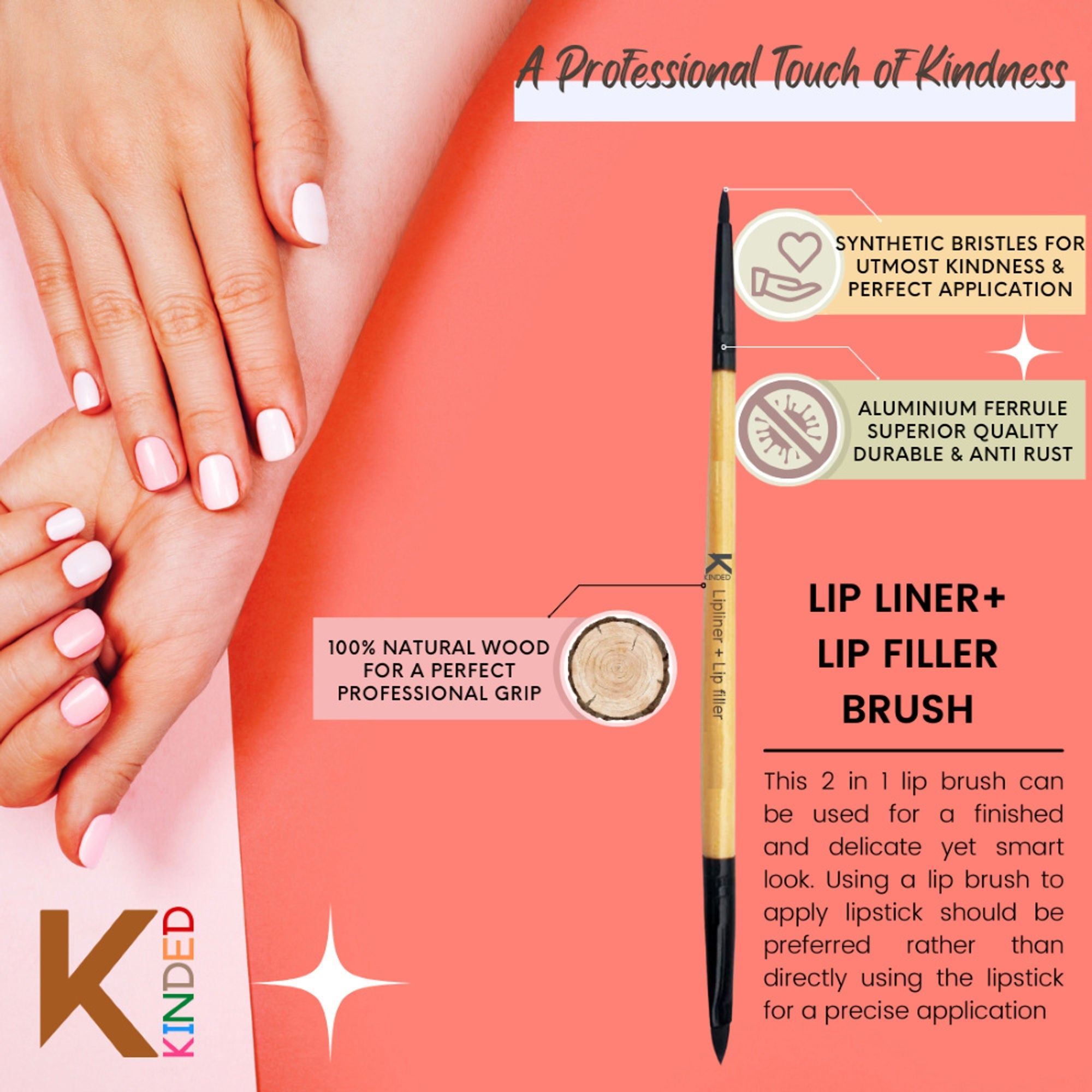 KINDED Professional Natural Wooden Handle 2 in 1 Lip Liner & Lip Filler Makeup Brush