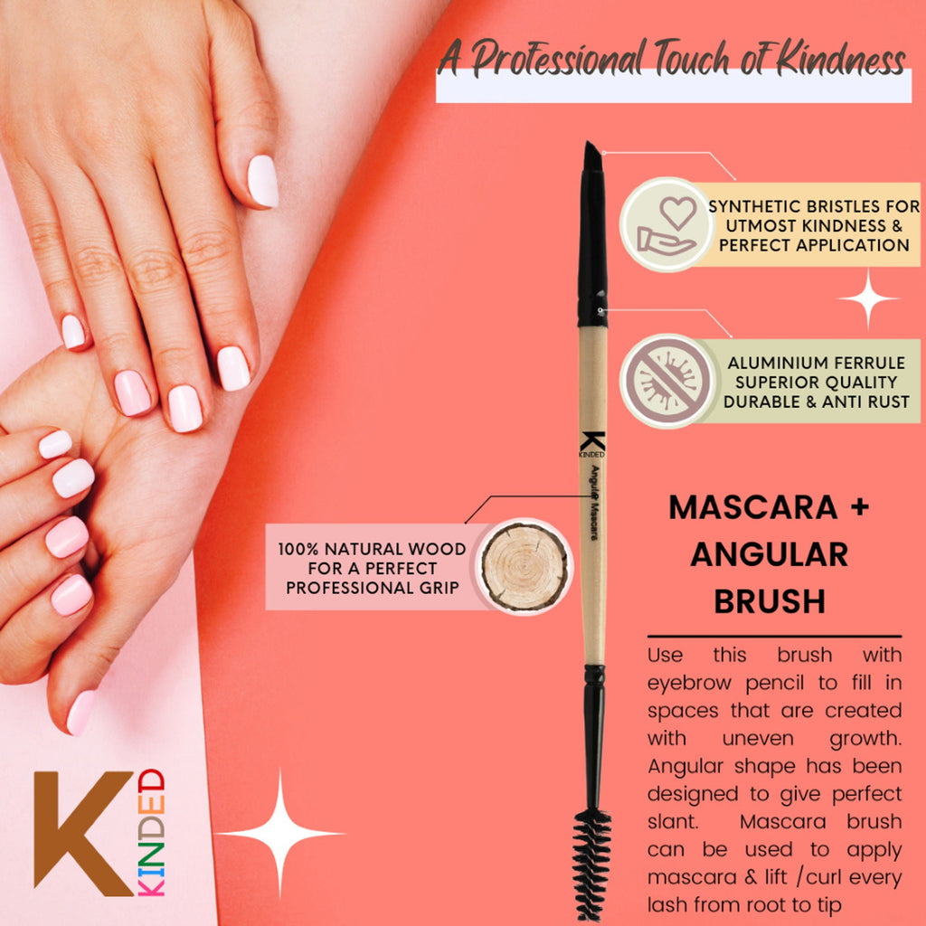KINDED Professional Natural Wooden Handle 2 in 1 Masaca & Angular Makeup Brush