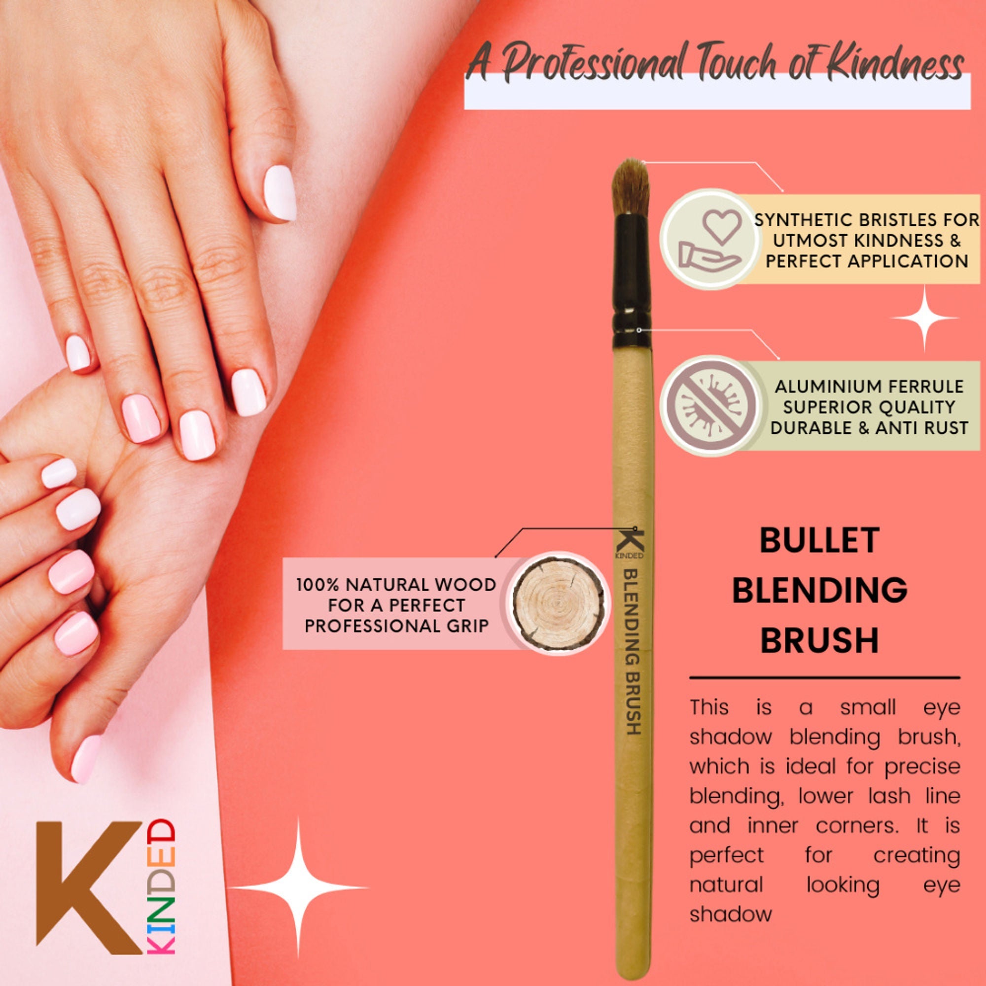 KINDED Professional Natural Wooden Handle Bullet Blending Makeup Brush