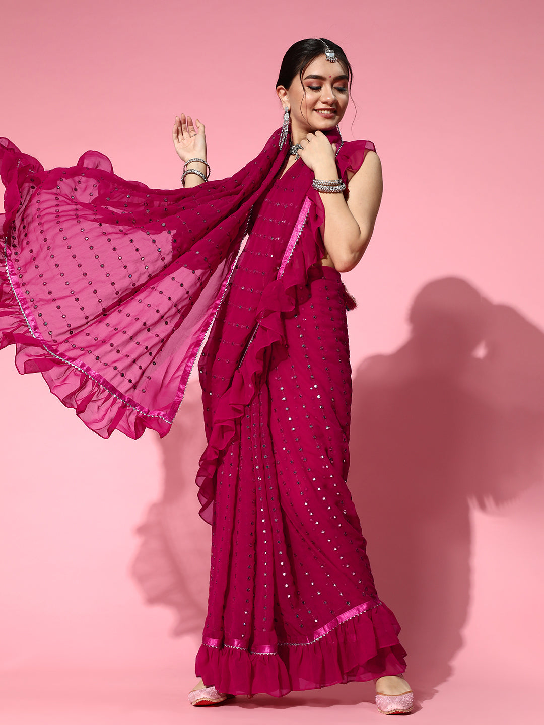Tikhi Imli Embellished Poly-Georgette Saree with Solid border - Distacart