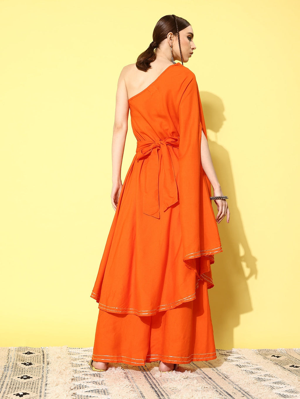 InWeave Women's Orange Oneshoulder Mirror Work Belted Kurta Set