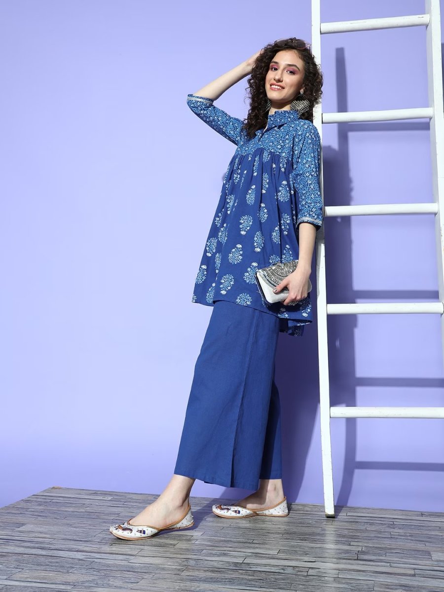 Ahalyaa Blue Pure Cotton Tunic & Palazzos Ethnic Co-Ords - Distacart