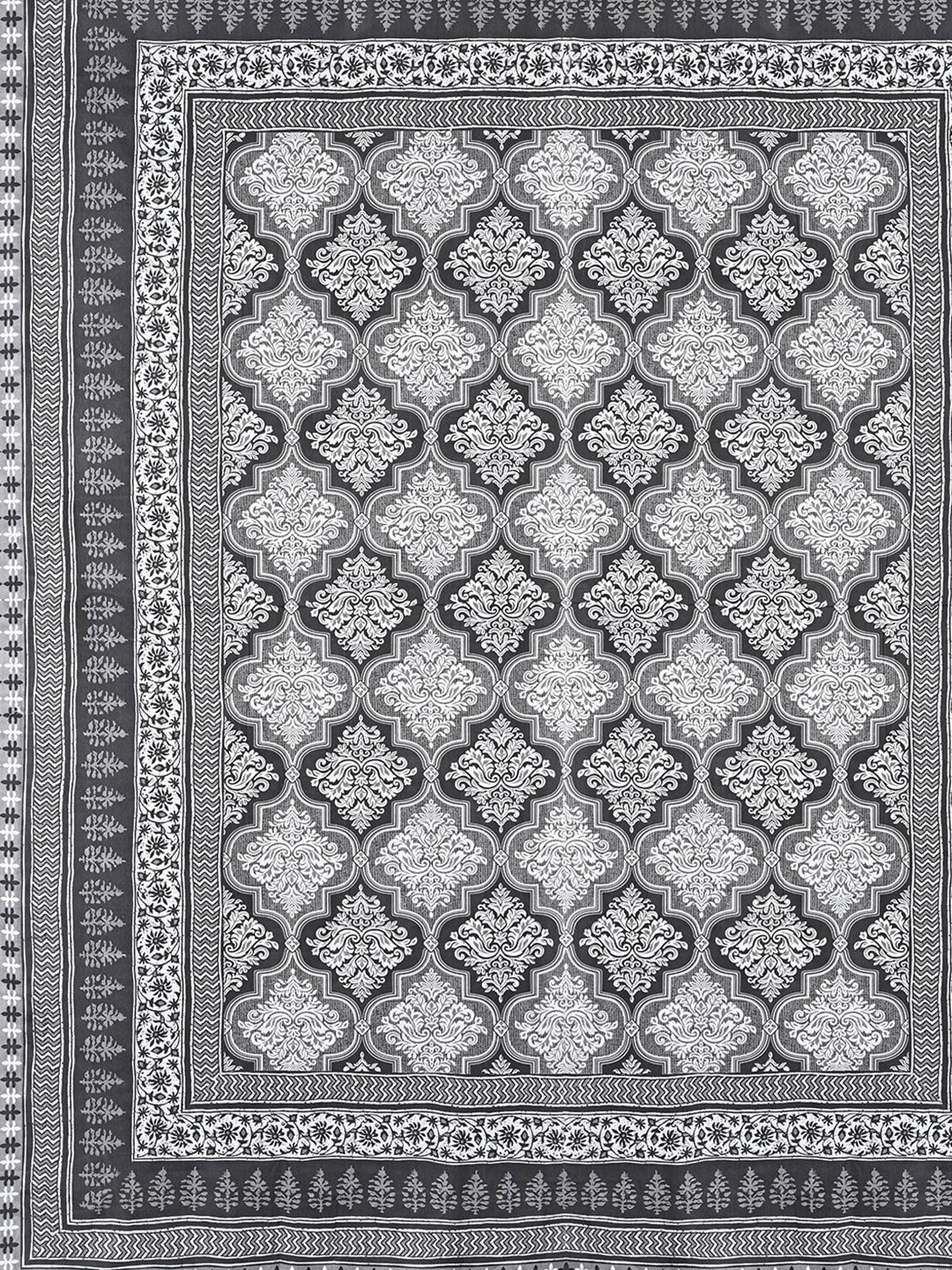 Urban Magic Grey & White Ethnic Printed Cotton 104 TC King Bedsheet with 2 Pillow Covers