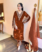 Joban Fashion Rust Brown Velvet Embroidery Kurta Set - Distacart